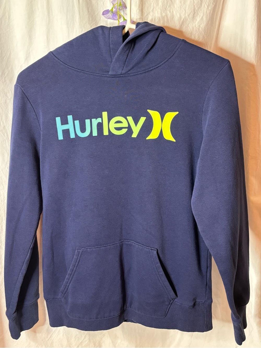 Hurley Men's Navy Hoodie with Teal and Yellow Logo